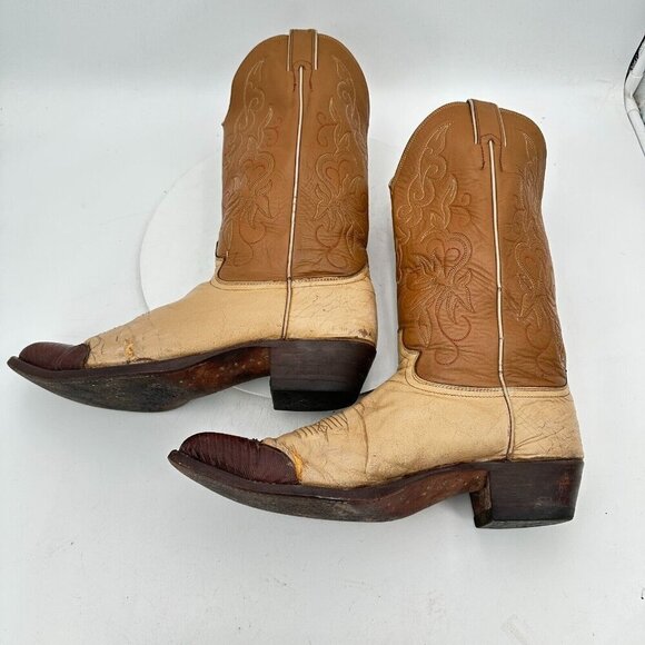 Justin 1660 Men Size 9.5D Cream Brown Two Tone Leather Pointed Toe Western Boot - Picture 9 of 14